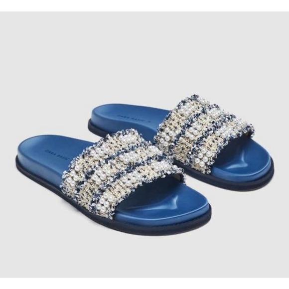 Zara faux pearl tweed pool slides sandals sz 39